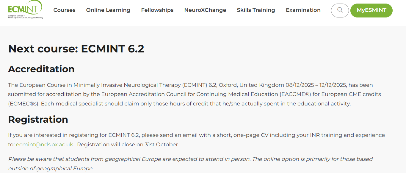 European Course for Minimally Invasive Neurological Therapy 6.2 (ECMINT 6.2)